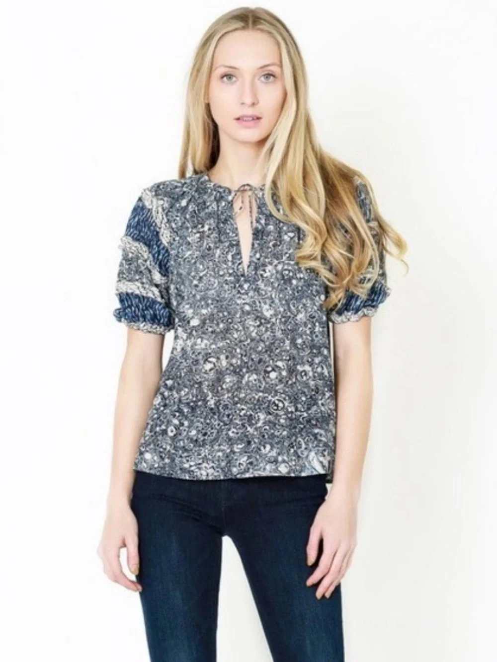 Ulla Johnson Blue Floral V-Neck Puff Sleeve Blouse